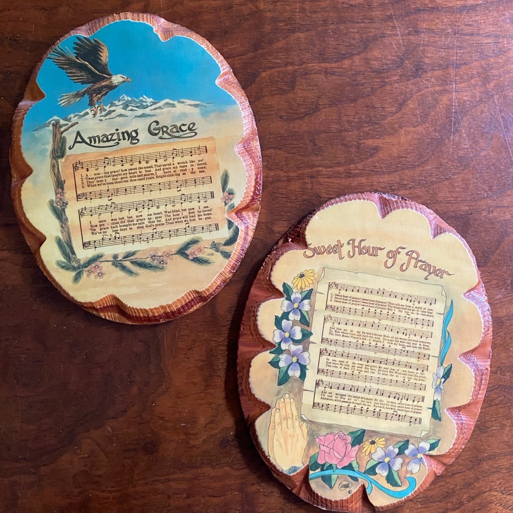Amazing Grace, Sweet Hour of Prayer hymns vintage 1970s wooden music plaques